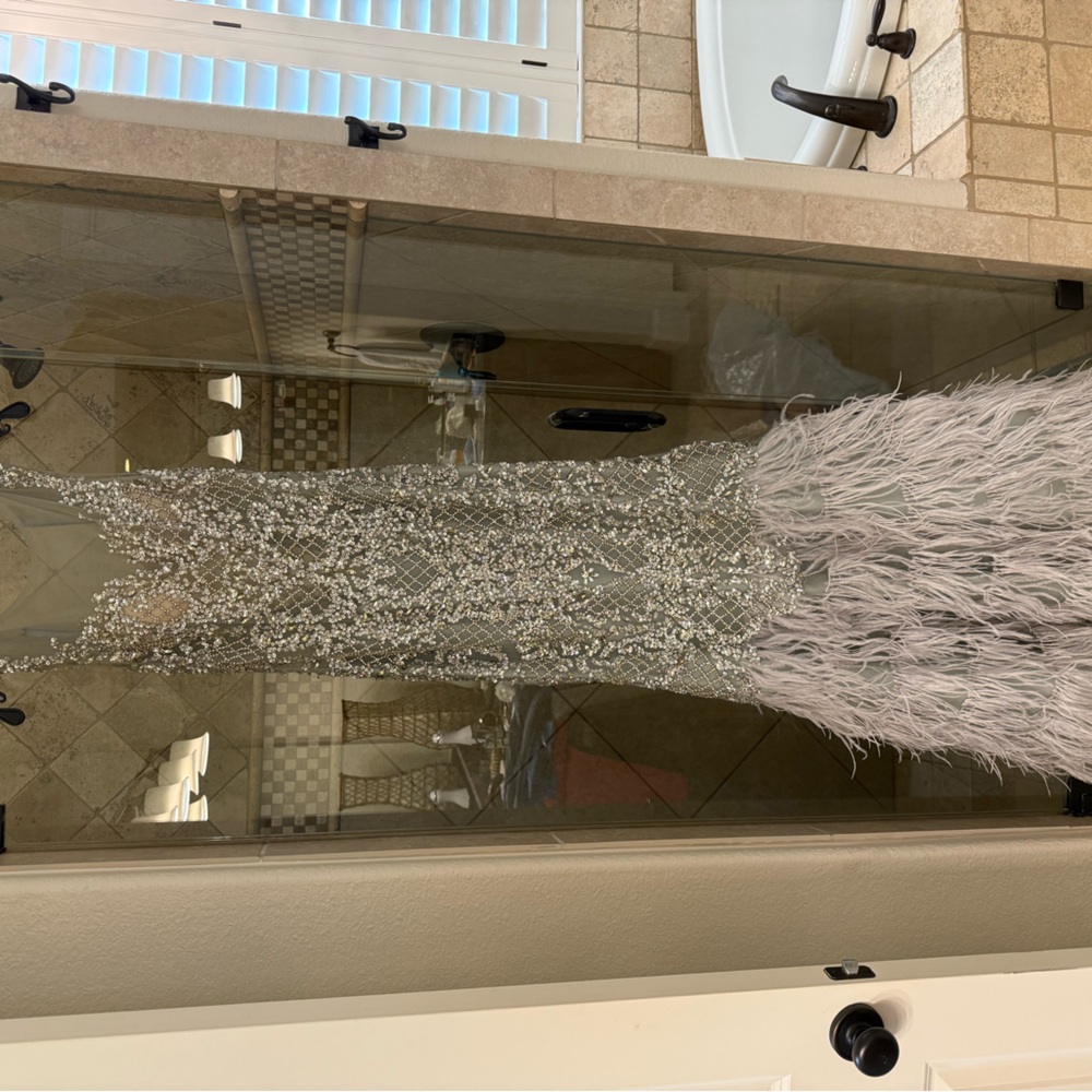 Elegant Silver and Gray Feathered Dress
